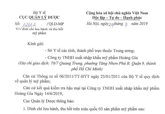 Công văn thu hồi sản phẩm của Cục Quản lý Dược, Bộ Y tế. Ảnh: BYT