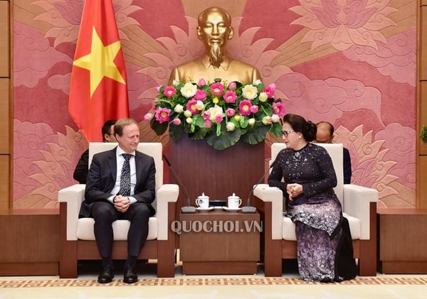 Chủ tịch Quốc hội Nguyễn Thị Kim Ngân tiếp Đại sứ, Trưởng phái đoàn Liên minh Châu Âu tại Việt Nam Bruno Angelet. Ảnh: Cổng TTĐT Quốc hội