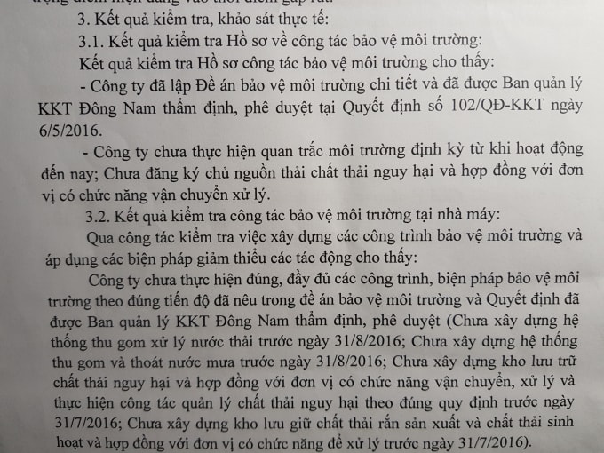 Kết quả kiểm tra, khảo sát thực tế tại biên bản làm việc giữa các bên liên quan về việc kiểm tra nội dung phản ánh tình trạng gây ô nhiễm môi trường (ngày 30/8/2017) đã chỉ ra nhiều tồn tại tại công ty...