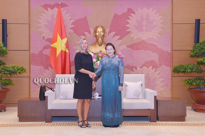 Chủ tịch Quốc hội Nguyễn Thị Kim Ngân đón tiếp Phó Chủ tịch Ủy ban châu Âu, Đại diện cấp cao của EU về chính sách đối ngoại và an ninh Federica Mogherini.