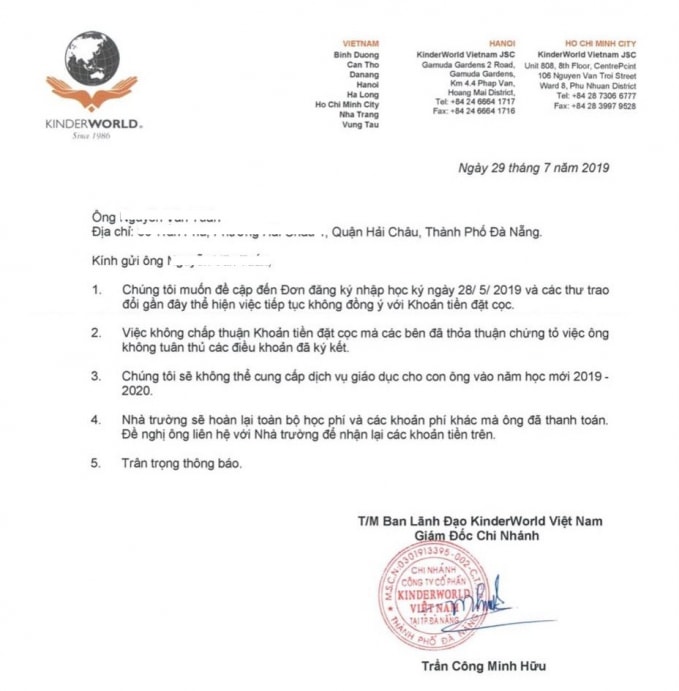 Thư từ chối cung cấp dịch vụ của doanh nghiệp quản lý Trường Quốc tế Singapore.