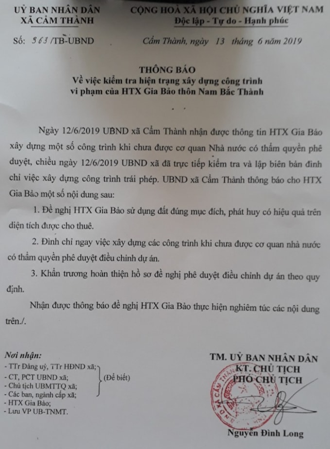 UBND xã Cẩm Thành phát thông báo đình chỉ việc xây dựng công trình trái phép