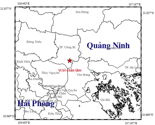 Trận động đất có độ lớn 3,2 richter tại vị trí có tọa độ 21,018 độ vĩ Bắc, 106,783 độ kinh Đông, độ sâu chấn tiêu khoảng 8,9 km xảy ra tại khu vực thành phố Uông Bí, tỉnh Quảng Ninh. Nguồn: igp-vast.vn