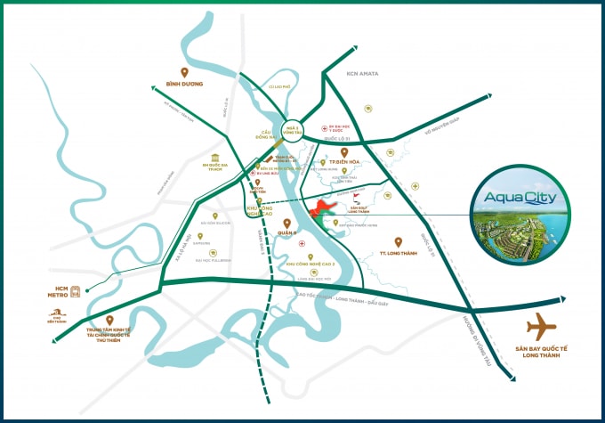 Aqua City có vị trí nằm ngay trên trục đường lớn Hương Lộ 2, sát quốc lộ 51 và cao tốc Tp.HCM - Long Thành - Dầu Giây