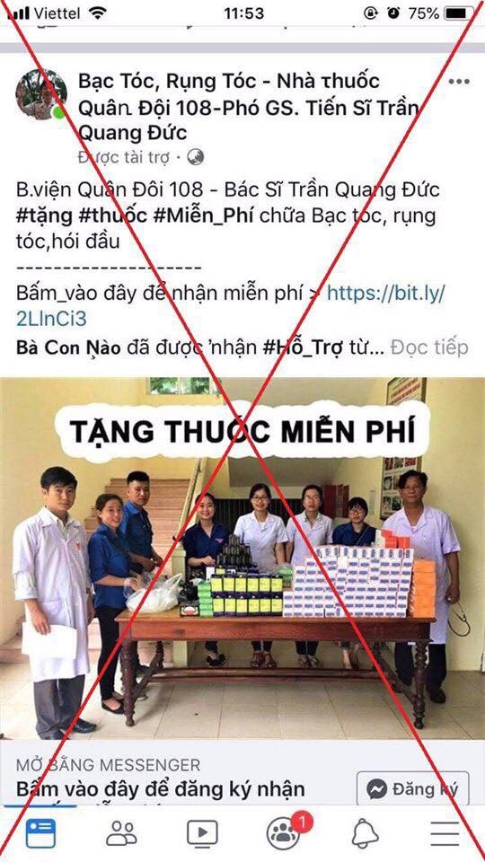 Bệnh viện khẳng định Trang fanpage này không phải của bệnh viện TW Quân đội 108. Ảnh: BV cung cấp