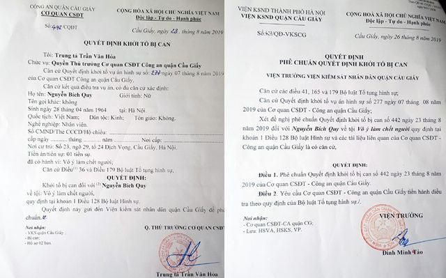 Quyết định khởi tố bị can do Trung tá Trần Văn Hóa - quyền Thủ trưởng Cơ quan CSĐT - Công an quận Cầu Giấy ký ngày 23/8. Ảnh TL.