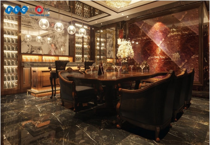 Những ô vuông trên bức tường điều hòa bằng đá Marble Đỏ Vân Rồng của FLC Stone toát lên sự mạnh mẽ và phóng khoáng.