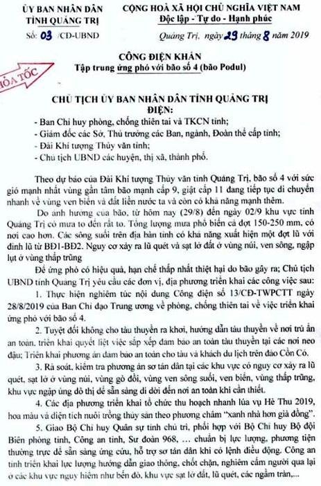 Công điện của Chủ tịch UBND tỉnh Quảng Trị.