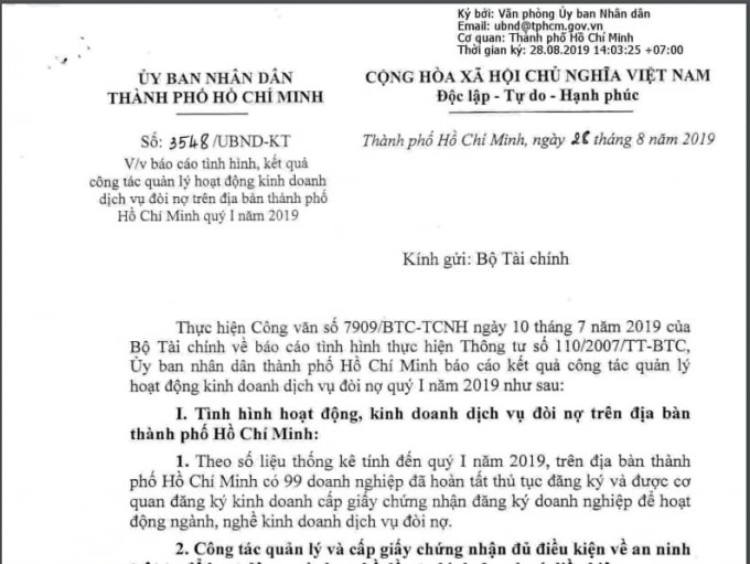 Văn bản báo cáo của UBND TP. HCM