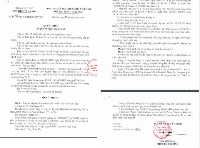 Quyết định xử phạt hành chính về thuế đối với Công ty Cổ phần Sông Đà 5 (mã CK: SD5)