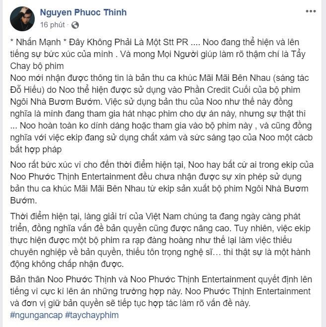 Nam ca sĩ Noo Phước Thịnh kêu gọi tẩy chay phim “Ngôi nhà bươm bướm”.