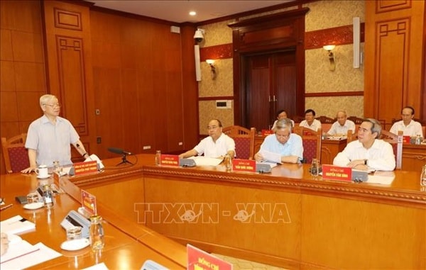 Tổng Bí thư, Chủ tịch nước Nguyễn Phú Trọng, Trưởng Tiểu ban Văn kiện Đại hội XIII của Đảng phát biểu chỉ đạo cuộc họp. Ảnh: TTXVN