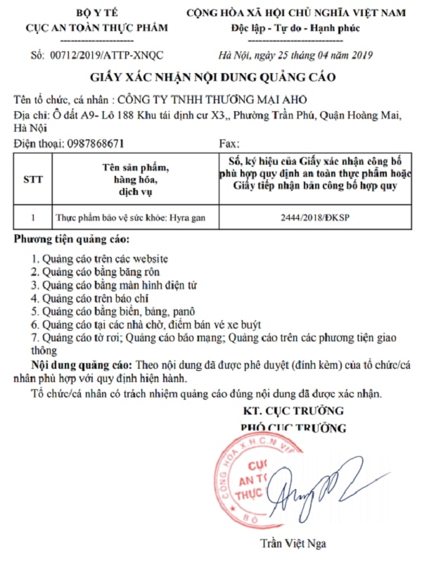 Giấy xác nhận nội dung quảng cáo
