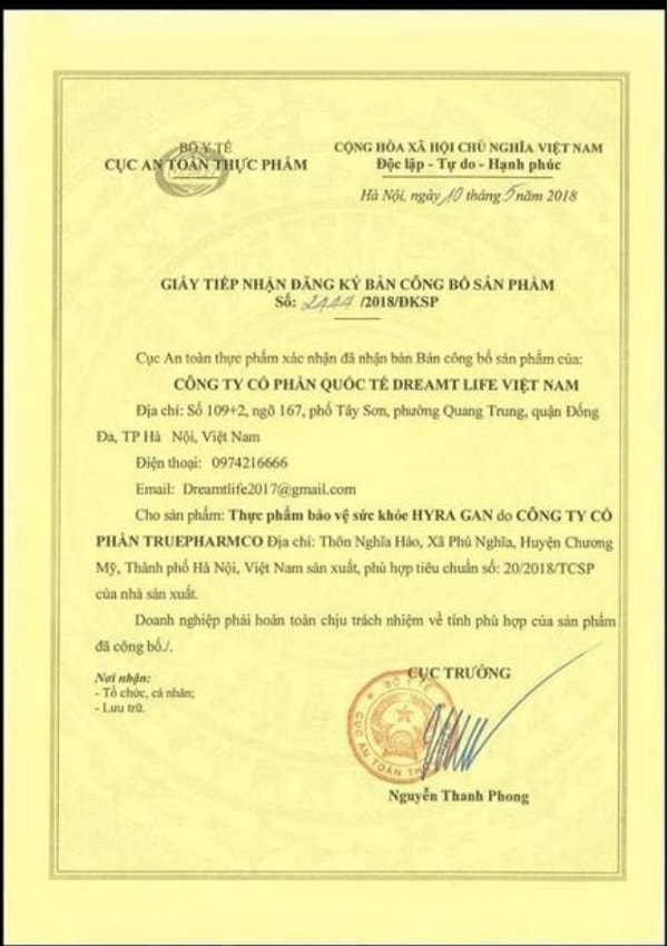 Giấy tiếp nhận đăng ký bản công bố sản phẩm do Cục ATTP (Bộ Y tế) cấp.