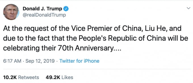 Dòng chia sẻ trên MXH Twitter của ông Trump.