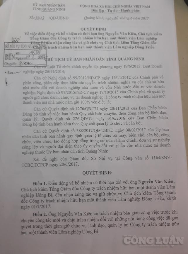 Quyết định của UBND tỉnh Quảng Ninh về điều động, bổ nhiệm ông Nguyễn Văn Kiên làm TGĐ Công ty Lâm nghiệp Đông Triều kể từ ngày 1/7/2017.