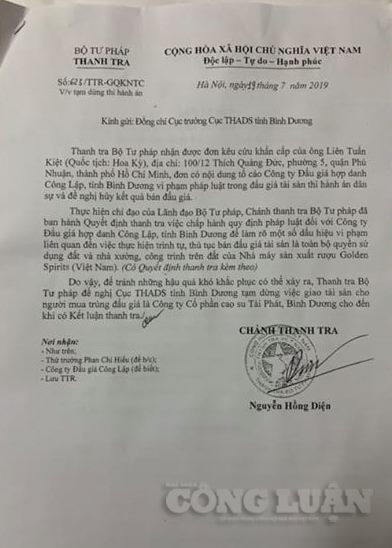 Chánh Thanh tra Bộ Tư pháp Nguyễn Hồng Diện đã ký Công văn số 623/TTr-GQKNTC ngày 19/7/2019 gửi Cục trưởng Cục THADS tỉnh Bình Dương