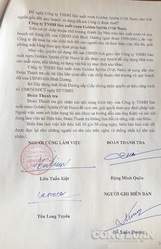 Biên bản làm việc của Đoàn thanh tra Bộ Tư pháp với doanh nghiệp
