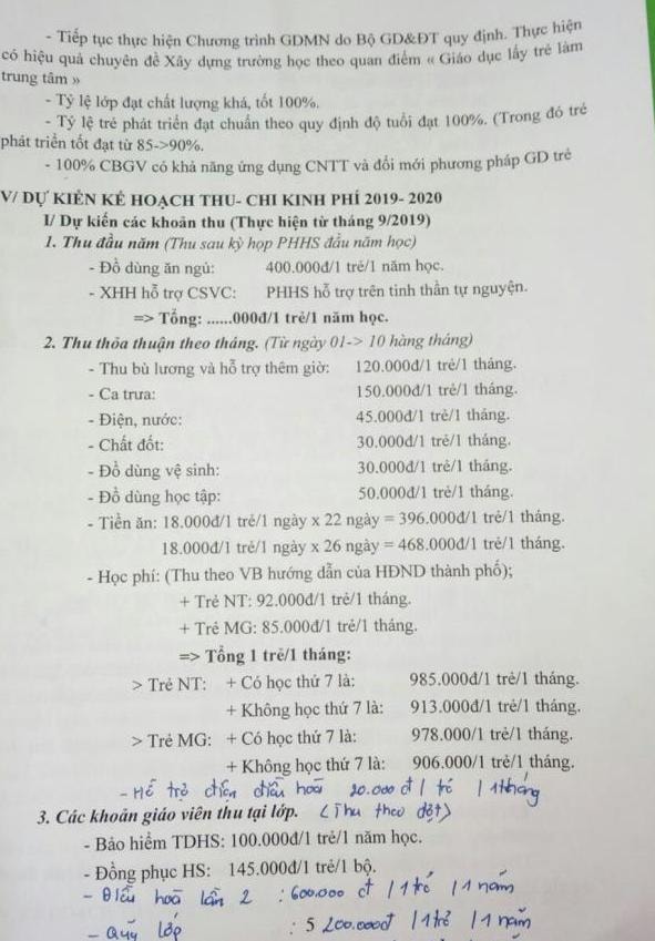 Các khoản đóng góp đầu năm của học sinh lớp 5 tuổi tại trường do phụ huynh chụp lại.
