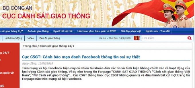 Cục Cảnh sát giao thông - Bộ Công an cảnh báo trên trang thông tin ngành. Ảnh chụp lại từ trang.