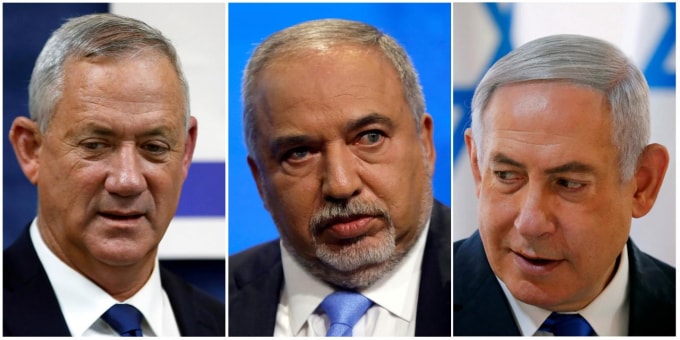 Từ trái qua phải: ông Benny Gantz, ông Avigdor Lieberman và ông Benjamin Netanyahu. Ảnh: Reuters