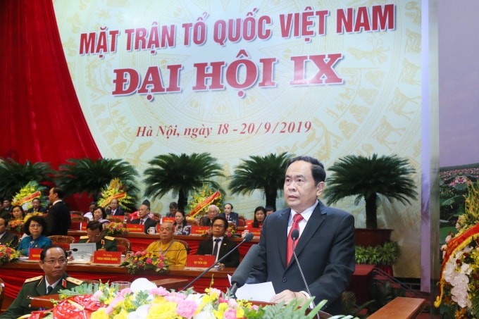 Chủ tịch UBTƯ MTTQ Việt Nam Trần Thanh Mẫn đọc diễn văn khai mạc Đại hội. Ảnh: Quang Vinh.