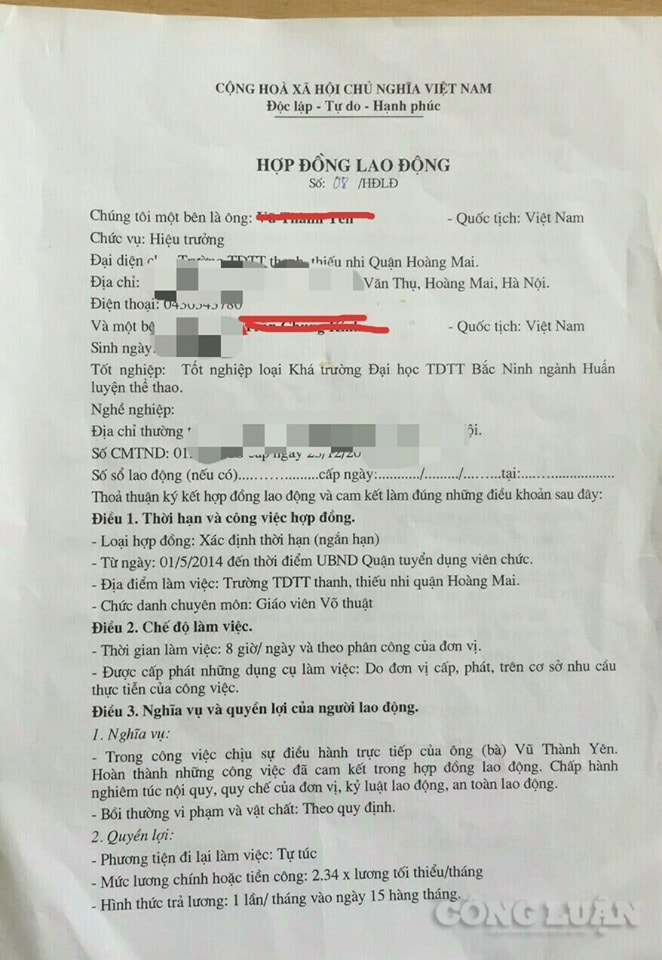Hợp đồng lao động của anh Nguyễn Anh Tuấn (Tên đã được thay đổi) với mức lương 2,34 x mức lương tối thiểu (1.490) = 3,486,600 VNĐ. Ảnh nhân vật cung cấp.