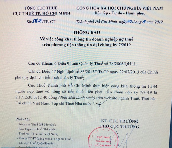 Thông báo kỳ thứ 7 của Cục thuế tp.HCM về việc các doanh nghiệp nợ thuế- ảnh :K.Đ.N