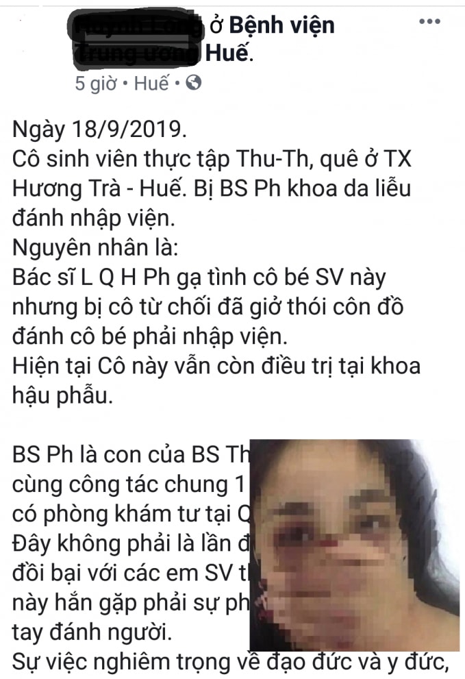 Làm rõ thông tin bác sĩ gạ tình không thành quay sang đánh nữ thực tập sinh phải nhập viện. (ảnh Facebook)