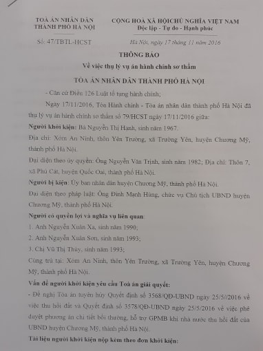 Đơn của bà Nguyễn Thị Hạnh khởi kiện UBND huyện Chương Mỹ đã được Tòa án Nhân dân Hà Nội thụ lý.