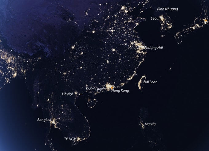 Bản đồ châu Á ban đêm. Ảnh: Google Earth/NASA.