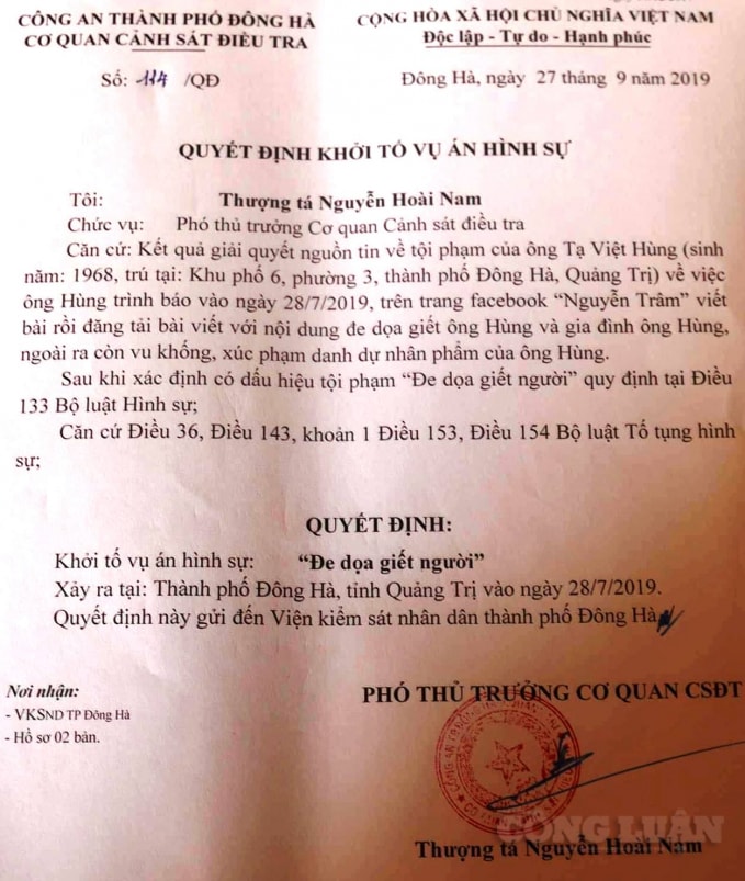 Quyết định khởi tố vụ án hình sự của Công an thành phố Đông Hà.