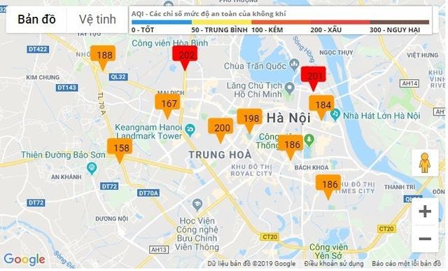 Bảng giá trị AQI đo ngày 30/9/2019 ở các điểm quan trắc tại Hà Nội.