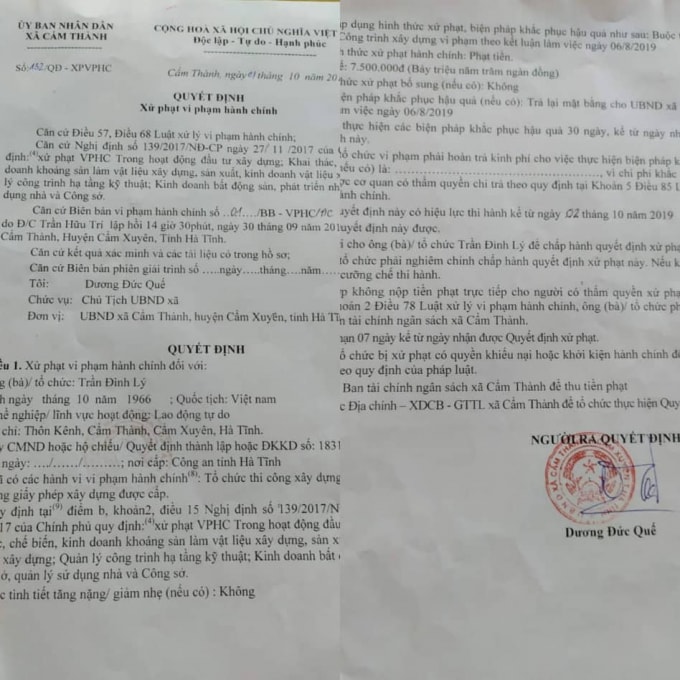 Quyết định xử phạt vi phạm hành chính đối với công trình xây dựng sai nội dung giấy phép xây dựng được cấp của xã Cẩm Thành