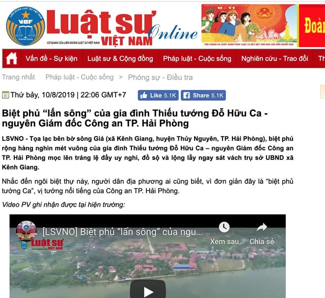 Bài viết trên Tạp chí điện tử Luật sư Việt Nam về biệt phủ của thiếu tướng Đỗ Hữu Ca. Ảnh chụp màn hình.
