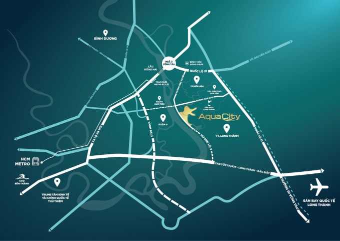 Tọa lạc tại tâm điểm kết nối liên vùng của Đồng Nai, Aqua City được coi là “trạm trung chuyển” chính giữa trung tâm TP. HCM với các tỉnh lân cận.