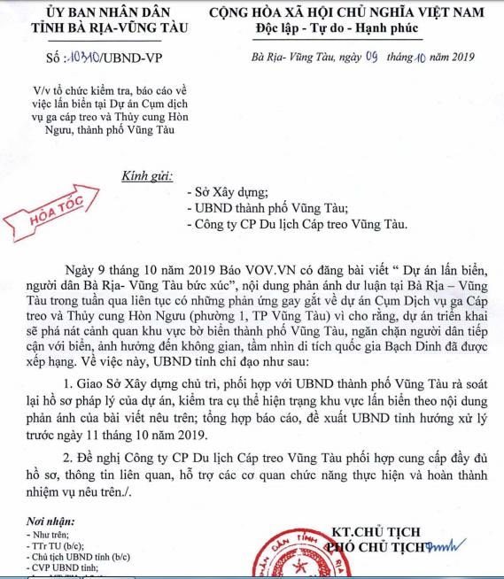Văn bản chỉ đạo của UBND tỉnh Bà Rịa - Vũng Tàu.