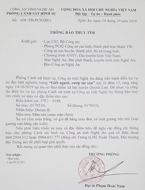 Thông báo truy tìm của cơ quan công an