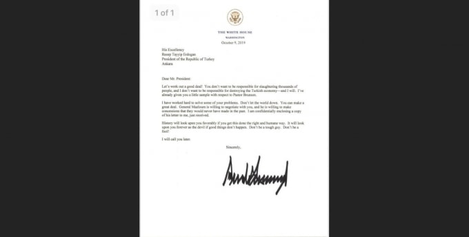 Một bản sao lá thư mà ông Trump đã gửi tới ông Erdogan hôm 9/10. Ảnh: WH