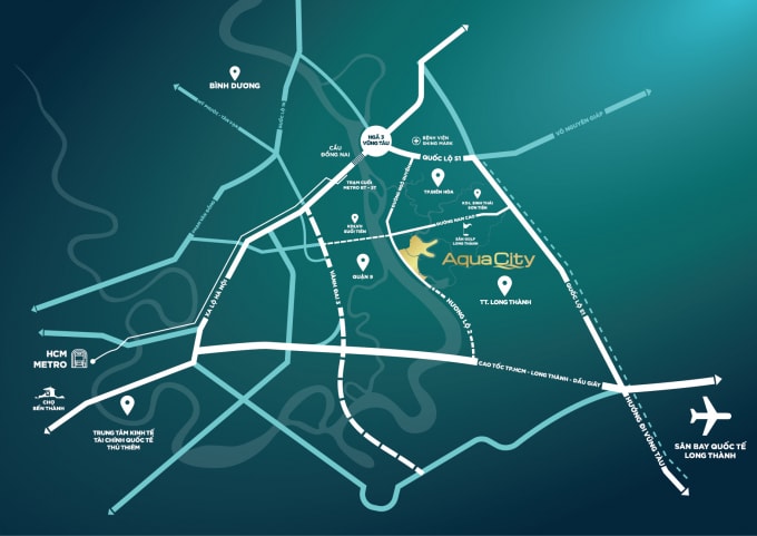 Vị trí kết nối đắc địa của Aqua City tới các khu vực trọng điểm.