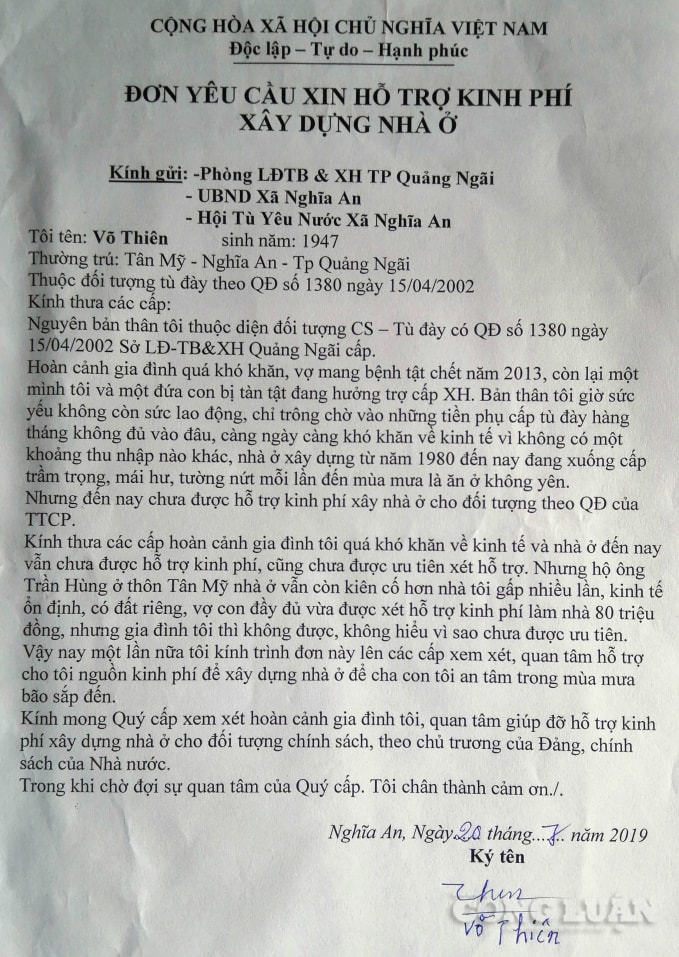 Ông Thiên nhiều lần viết đơn lên chính quyền địa phương nêu khó khăn về nhà ở nhưng không được quan tâm.