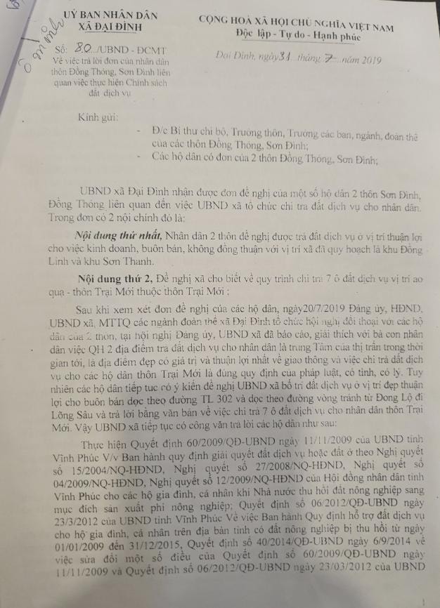 Công văn trả lời của UBND xã Đại Đình về kiến nghị của người dân