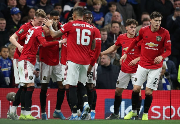 Các cầu thủ Manchester United ăn mừng bàn thắng ấn định chiến thắng 2 - 1. Ảnh: Getty