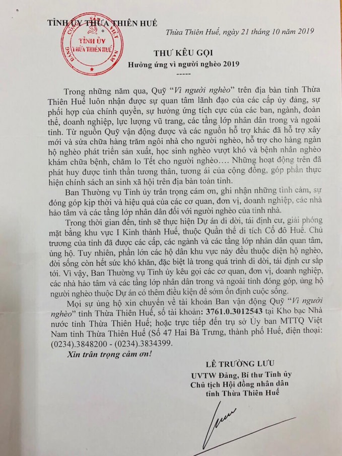 Thư kêu gọi do Bí thư Tỉnh ủy viết nhằm kêu gọi ủng hộ người nghèo thuộc dự án di dời Kinh thành Huế.