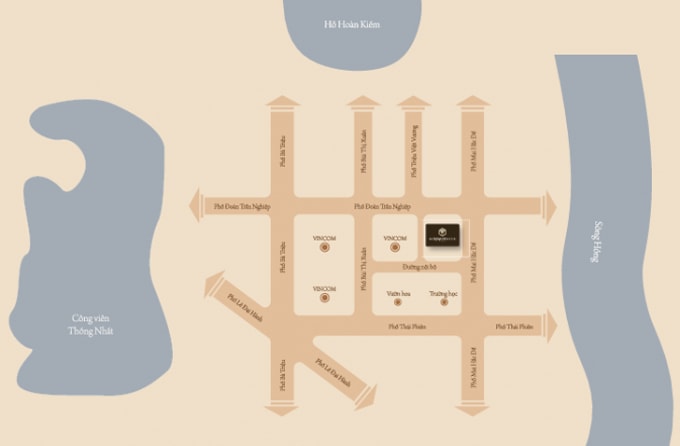 Hoàng Thành Tower nằm tại trung tâm Thủ đô, điểm giao cắt của ba trục đường Mai Hắc Đế, Thái Phiên và Đoàn Trần Nghiệp.