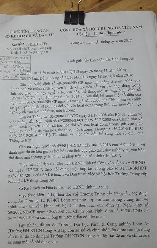 Ngày 3/4/2017, Sở KHĐT có văn bản gửi UBND tỉnh Long An báo cáo UBND tỉnh về tờ trình và đề án xã hội hóa trường TC KTKT của trường ĐH KTCN Long An.