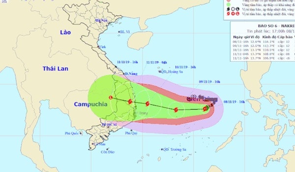 Vị trí và hướng di chuyển bão số 6. Ảnh: Trung tâm dự báo khí tượng thủy văn quốc gia