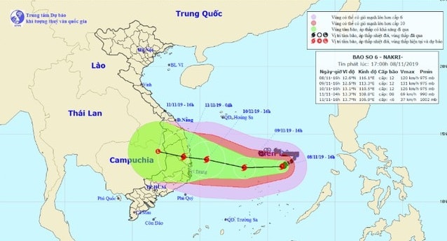 Dự báo đường đi và hướng di chuyển của bão số 6. (ảnh TTKTTV)