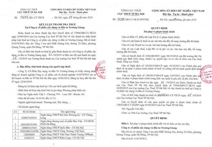 Quyết định xử phạt vi phạm hành chính về thuế đối với Công ty Cổ phần Xây dựng và Đầu tư Trường Giang