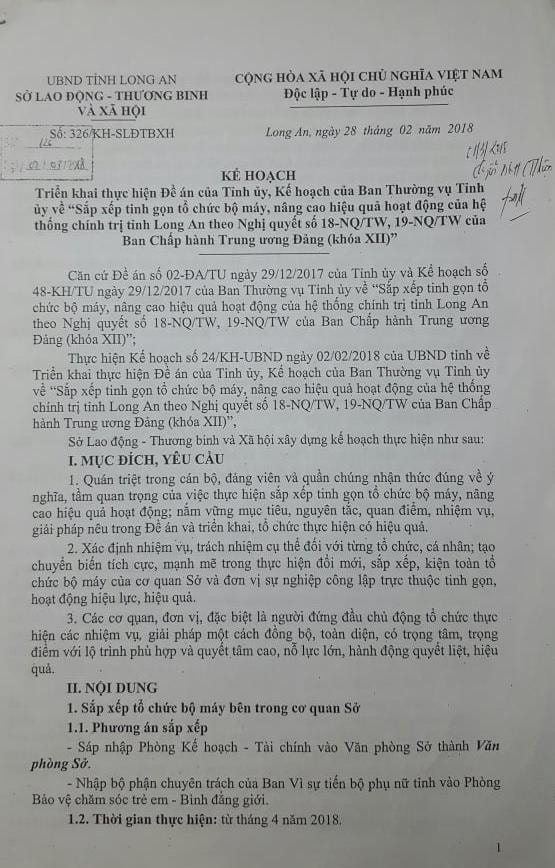 Ngày 28/02/2018, Sở LĐTBXH tỉnh Long An ban hành Kế hoạch triển khai thực hiện Đề án của Tỉnh ủy, Kế hoạch của Ban Thường vụ Tỉnh ủy.